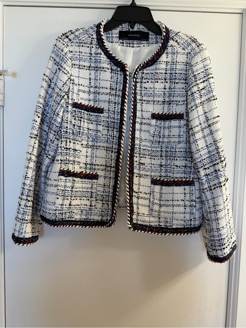 Zara White & Navy Tweed Chain-Trim Jacket